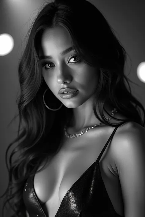 Singer who looks like Ariana Grande,r＆b、 Album Jackets 、bright black and white photo 、sexy,A background that makes you imagine a gorgeous live show。Skin is radiant、 has a sense of transparency