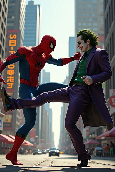 Spiderman kicking joker in the city