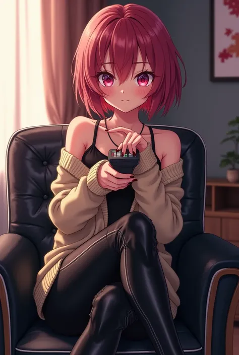 Anime Teenage Woman Has Short, Reddish Hair, with big and expressive eyes of pink color or similar She wears a beige knitted sweater that leaves one shoulder uncovered and has a black leather t-shirt with bare shoulders and black leather pants and black le...