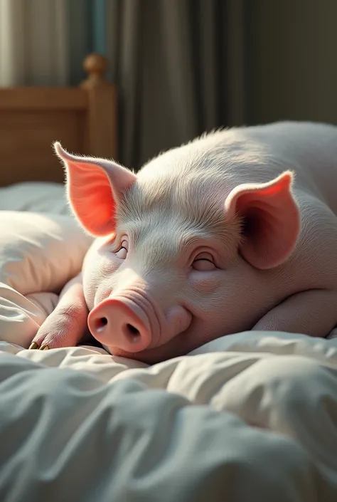 a pig sleeping on the bed (make the pig looks as big as possible)