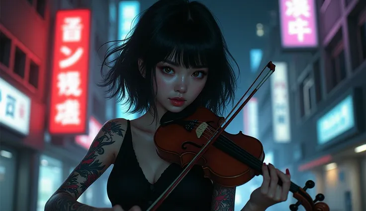 tokyo ghoul girl killer, playing violin,  tattoo on arms ,