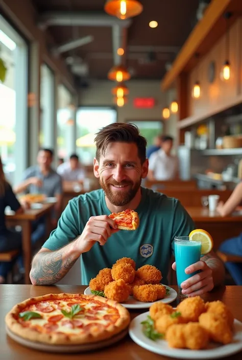 Messi chicking restaurant fried chicken grill chicken pizza blue lemonade eating background Chicking 





