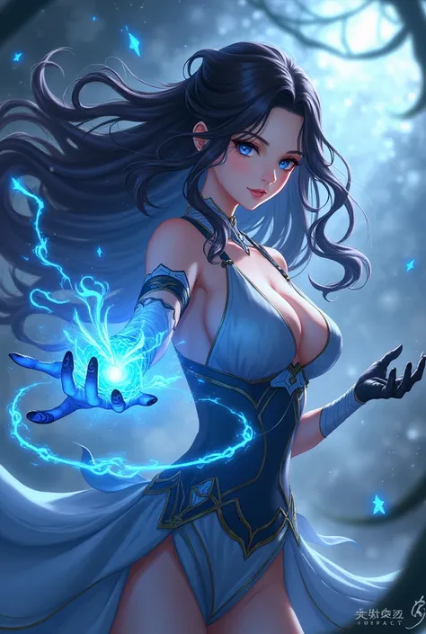 A woman with long wavy black hair, dark blue eyes and some parts of her palm have turned black, she has an Anemo vision. Genshin Impact style of art