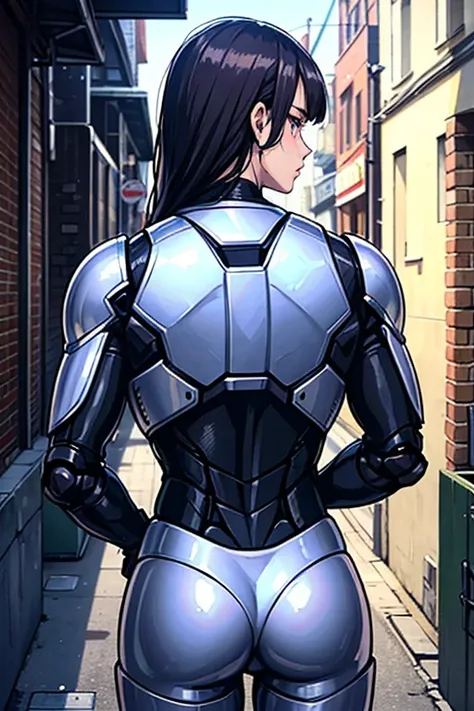 Back Alley,  Attractive Young Man ,  RoboCop Cosplay , Looks weak, 18 years old, Weak body, Tall,  long hair, Long bangs, Robocop Kissed by Handsome, Cool Man in a Shiny Rider Suit, Frightened RoboCop 