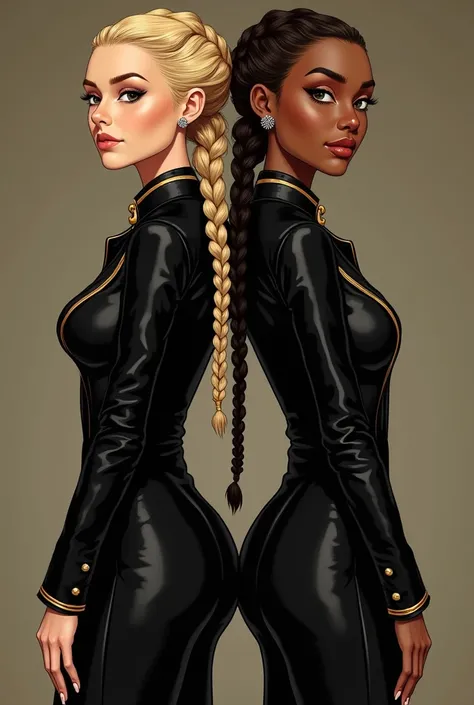 2 girls 45 years old, standing with their backs to each other, faces facing the viewer, one blonde, the other mulatto, barn eyes, pale skin, pretty, in black, black and gold suit, hair braids, comic panel, slender bodies