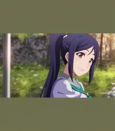  1 girl in uniform, Alone, Kanan Matsuura (long blue hair ,  ponytail,  Big Breasts )