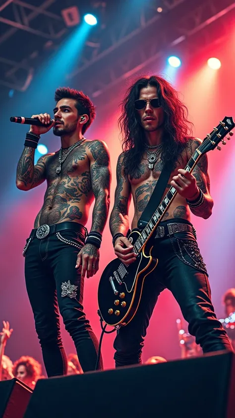  I want two rock stars in a manga version. With tattoos at a concert . 