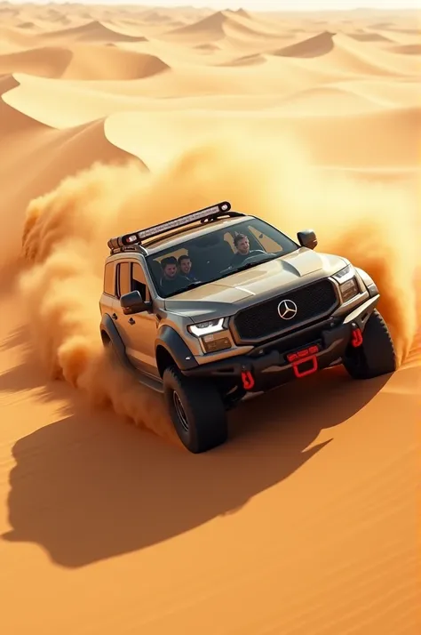 Dune Bashing
A 4x4 SUV speeding down a massive sand dune, with Ronaldo and Messi inside, laughing and holding on as the sand sprays dramatically around them.