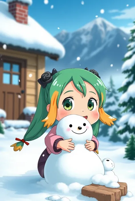 (masterpiece、 top quality、 top quality、 Official Art 、 beautiful and beautiful :1.2)、8-****-***、 cute girl、_ Model Shooting Style , Banchan is happily making a snowman with olive eyes,  house background , Snowy mountains in the background,  Its snowing, (B...