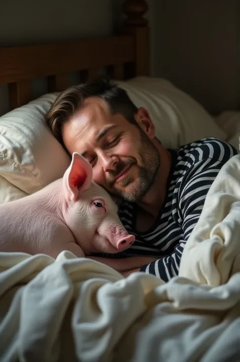 An adult man wearing a black striped shirt sleeping with a pig on his pillow