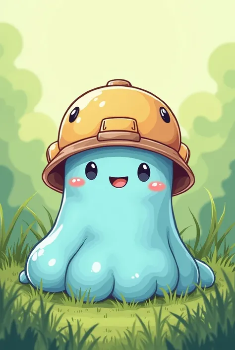 A cute light blue slime illustration drawn by a  has rounded grass like the beginning forest on the background, and the slime is wearing a helmet