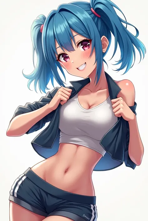 Anime tomboy girl with blue hair and medium sized breasts in sports clothes grinning while suggestively taking off their top