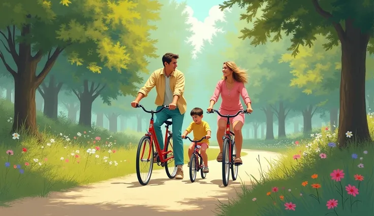  " Amar style image is from the 1970s , pastel background.  A family pedaling bicycles in a wooded park , with light and colorful clothes .  A small boy on a smaller bike accompanies his parents, while flowers and trees adorn the scenery ."