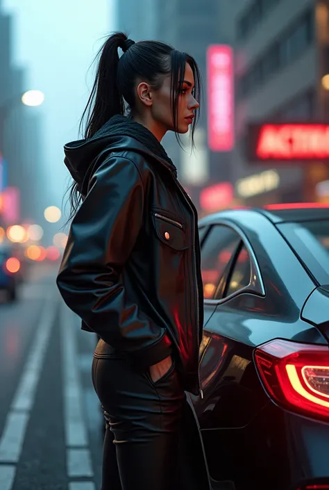 araffe woman in leather pants standing next to a car  to Honda Accord in a city, cyberpunk art inspired by Alena Aenami, trending on cg society, digital art, cyberpunk 2 0 y. o model girl, cyberpunk vibe, in cyberpunk city, cyberpunk art ultrarealistic 8k,...