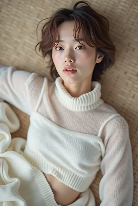  professional photographer，      close-up of a woman lying in a Japanese-style room with tatami mat flooring 、weak々Lying on the tatami女性のアップ、Strange Situation   , kiko mizuhara, Wear a sweater, Shirahime、Cutting brown hair, Wear a sweater,        young bea...