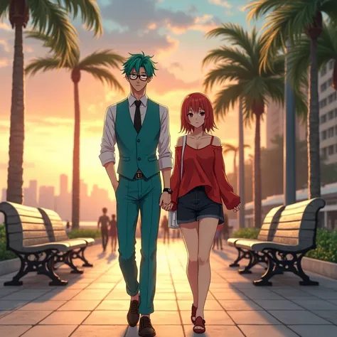 A fake 19-year-old anime-style couple , To Love Ru,  walking next to some stone benches that extend all over the Malecón with palm trees around it,  there are people in the area around the city of Tokyo during the afternoon with an orange sky ,  the man me...