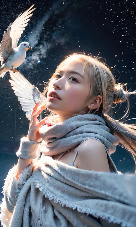 (   When she casts a spell, a legendary ice pigeon appears in the sky around her、 Magic Rim、staring at something、Diamond dust flutters、クリーム色のhair、  Heavy snowfall area    、  Its snowing 、   blue eyes、   blue eyes、white winter clothes   、  watching the nigh...