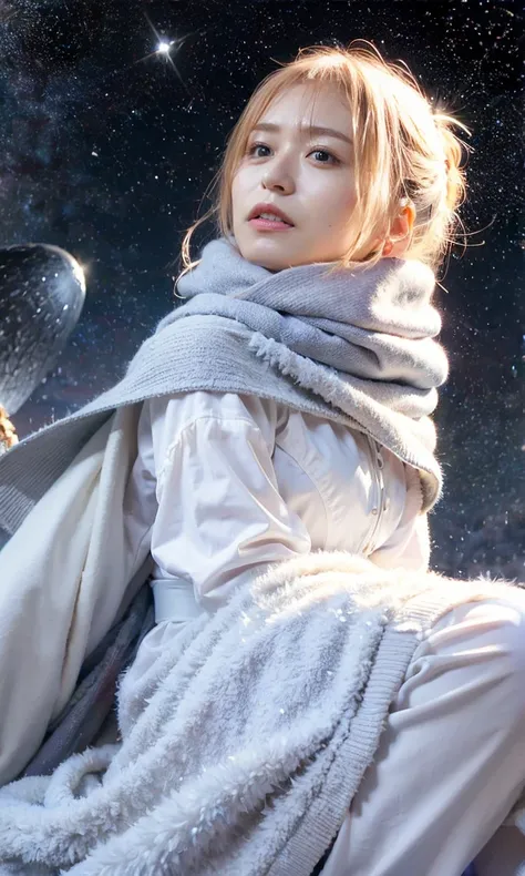 (   When she casts a spell, a legendary ice pigeon appears in the sky around her、 Magic Rim、staring at something、Diamond dust flutters、クリーム色のhair、  Heavy snowfall area    、  Its snowing 、   blue eyes、   blue eyes、white winter clothes   、  watching the nigh...