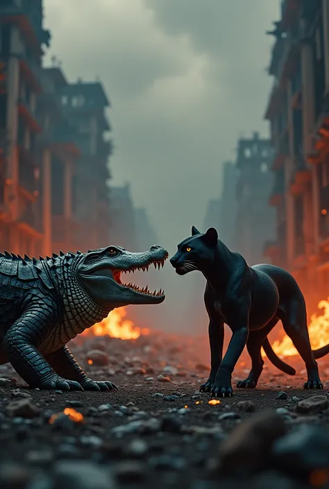 A hyper-realistic, cinematic 16k masterpiece showcasing a full-body profile of a crocodile and a panther locked in an intense and dangerous standoff. The crocodile, with its armored scales, jagged teeth, and powerful tail, exudes primal ferocity as it crou...