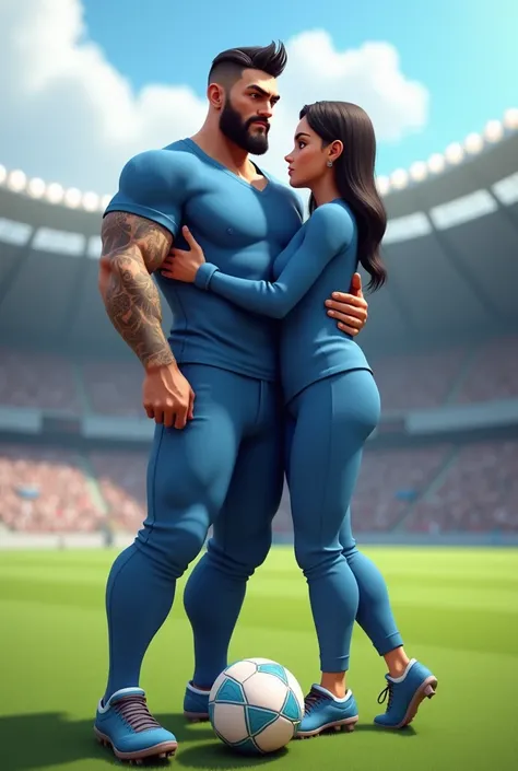 I tried to do it with these two Prompts but it didnt work out :

 Create a 3D illustration featuring a handsome and realistic 34-year-old man ,  short black hair, trimmed beard, muscular, with tattoos, busy with one foot on top of a soccer ball . O persona...