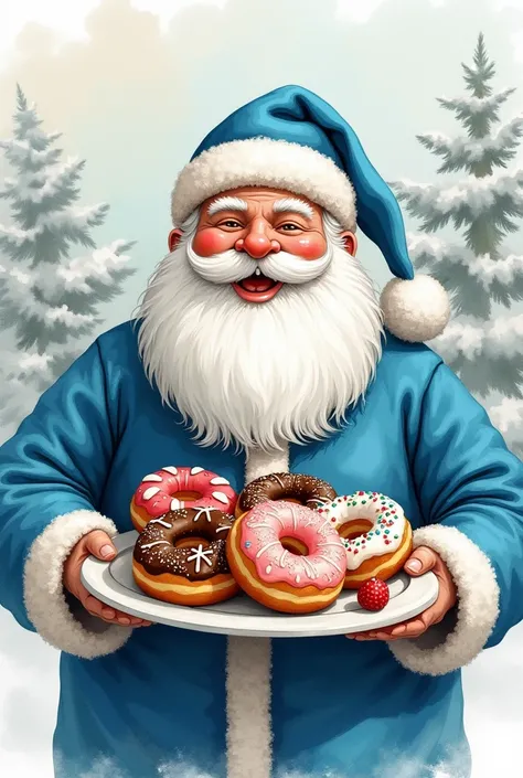 Watercolor drawing of large Santa Claus wearing blue clothes holding decorated Christmas donuts
