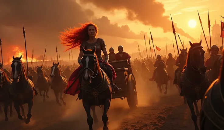 An epic scene depicting Boudica leading her chariot, her fiery red hair flowing in the wind, surrounded by her Celtic army. In the background, Londinium burns, with distant Roman legions. Intense details, dramatic lighting, and a sunset ambiance