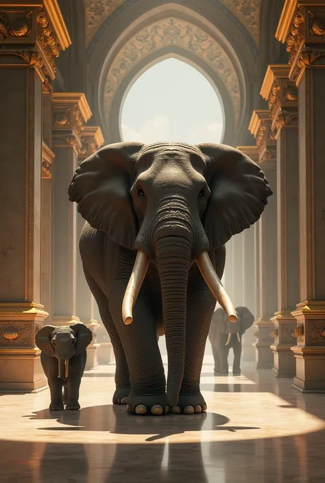 Bodybuilder elephant and his son walking in the palace realistic image .