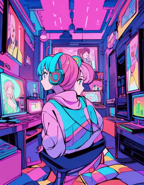 Pink and blue hair girl, soda, Inspired by 90s anime, Cyberpunk City, praise, colorful, listen to music, Pink Hair, Blue Hair、Live streaming from home