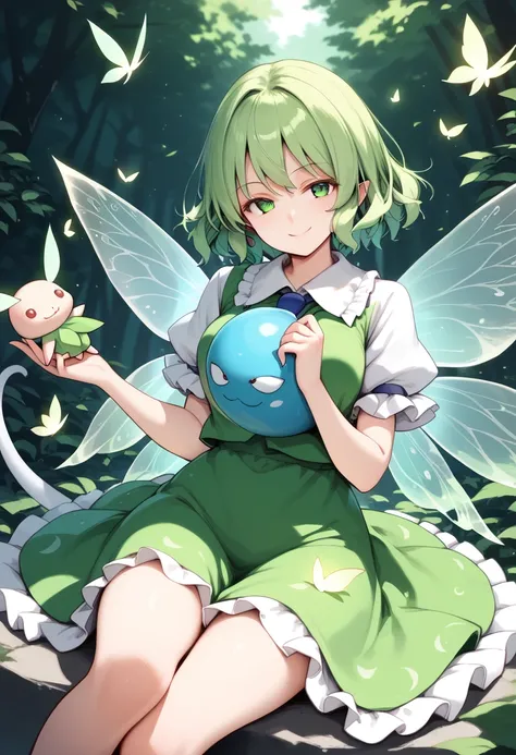 masterpiece,best quality ,ultra detailed,source_anime ,Anime style,1girl, ((High Fairy_Touhou project ))Great Fairy、Daiyousei,(green hair,)side long tail hair,,smile,innocent face,baby face,(big tits)