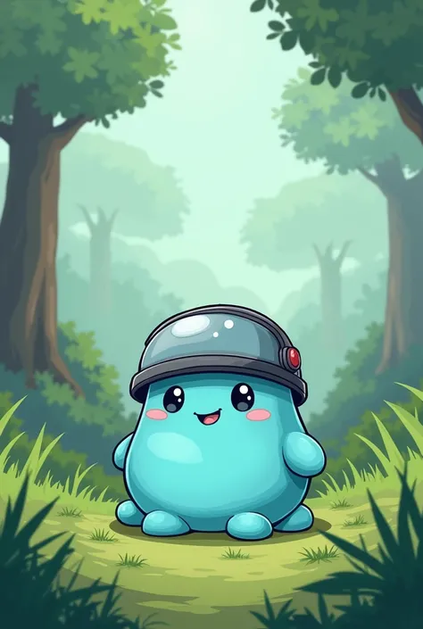 An illustration drawn by a , a cute light blue slime on the background, grass like the beginning of a forest with a rounded body. The slime wears a helmet and has round legs that are round and flat