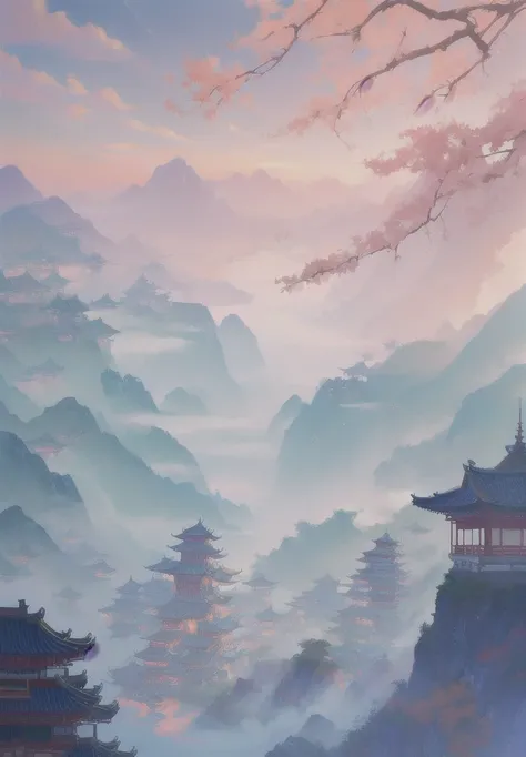 A landscape painting， There is a pagoda and a river in the foreground, Anime Landscape, Dreamy Chinatown, Inspired by Toriyama Optics , Floating land in the clouds, Ross Chen. scenic backgrounds,  Onmyoji detailed art ,   Inspired by Jeremy Chong  , Dream ...