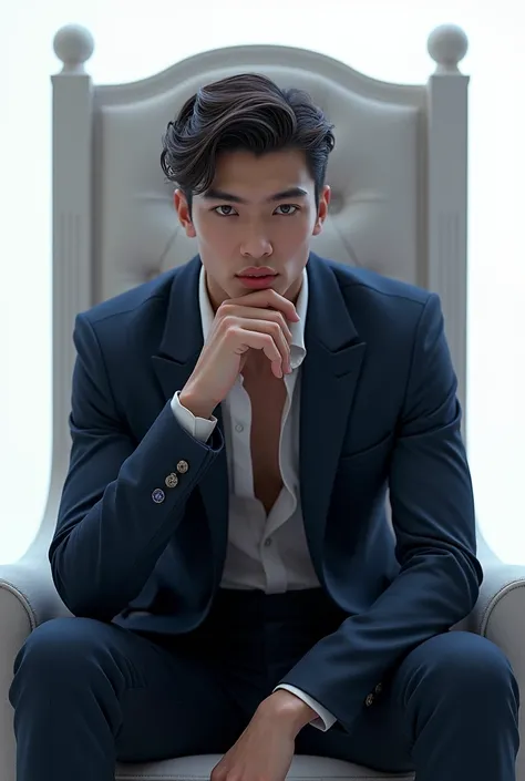 A domineering handsome guy, he is twenty years old wearing a suit slightly revealing his chest. He is sitting on a throne while his chin is resting on his folded hand. Background is all white. His left eye is glowing blue.