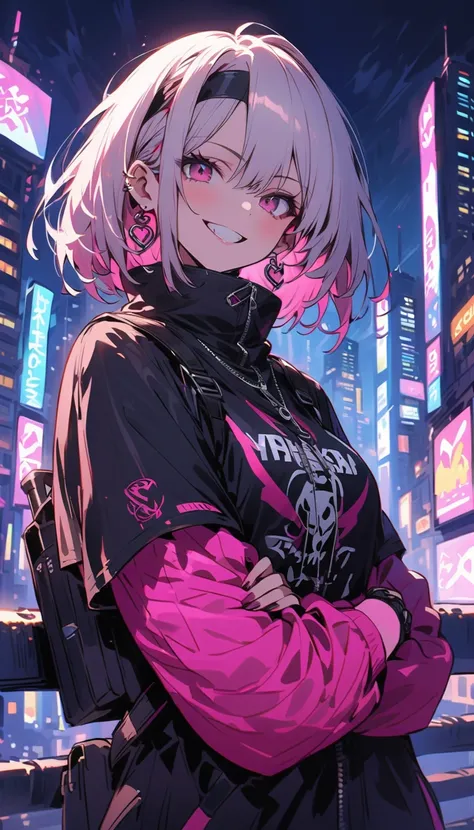  beauty　protective clothing　headband　 earrings　 assault rifle 　 bob cut 　smile　Reckless attitude　 Wicked Expression 　Provocative attitude　 Cyberpunk　 night neon city　Machine City　Standing on the roof　 cross your arms　Overlooking the city