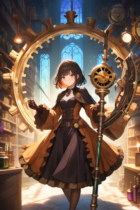 1 girl, (cute face), , medium-length hair, (confident expression), (holding a clockwork staff:1.2), small breasts, (wearing a steampunk robe), layered fabric, (leather gloves), BREAK  
Victorian-inspired laboratory, shelves filled with potions, (surrounded...