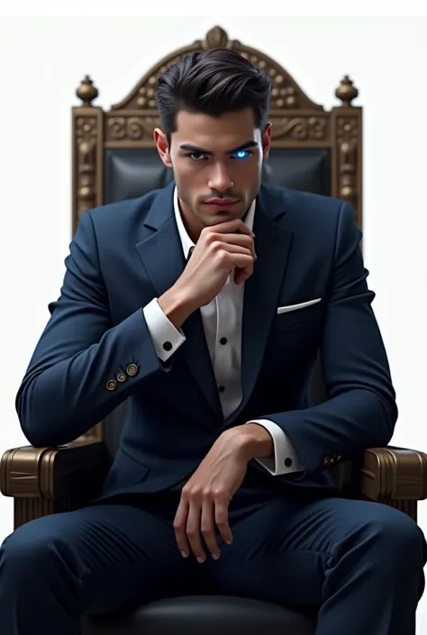 A domineering handsome guy, he is twenty years old wearing a suit slightly revealing his chest. He is sitting on a throne while his chin is resting on his folded hand. Background is all white. His left eye is glowing blue.