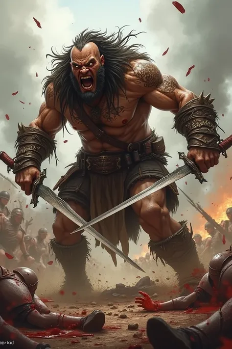 Barbarian warrior in Berserk mode killing his enemies on the battlefield 