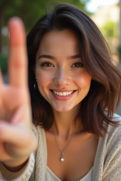 fais moi une image d’une fille brune qui poste en selfie avec le signe de paix 