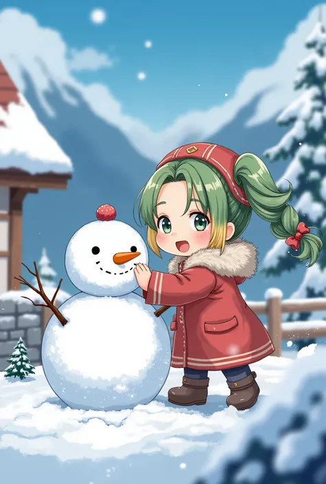 (masterpiece、 top quality、 top quality、 Official Art 、 beautiful and beautiful :1.2)、8-****-***、 cute girl、_ Model Shooting Style , Banchan is happily making a snowman with olive eyes,  house background , Snowy mountains in the background,  Its snowing, (B...