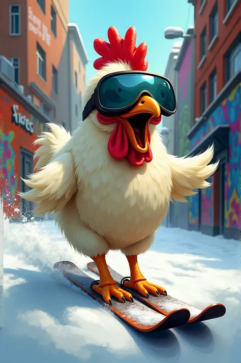 Funny chicken with skii glasses skiing in the street grafitti style