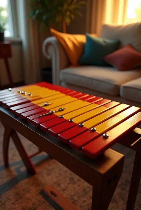 Marimba in a living room with the keys forming the Spanish flag,  realistic  