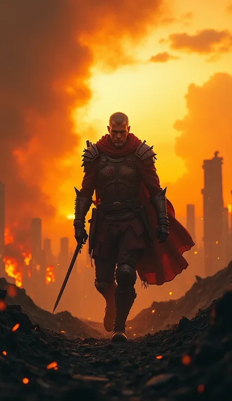 A warrior walking through a fiery, apocalyptic landscape with a determined expression, emerging toward a serene horizon.