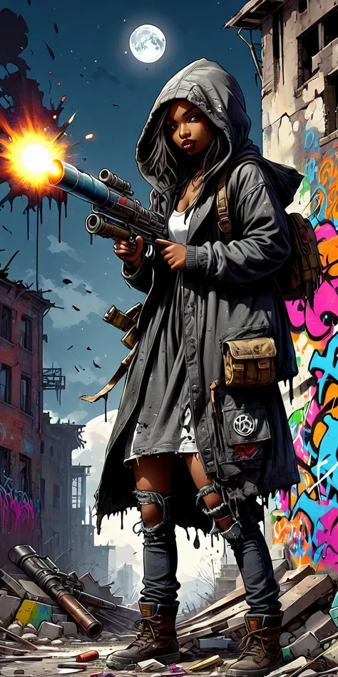 ((Post Apocalyptic Wasteland, abandoned place, debris, Destruction, destroyed buildings graffiti on the walls:1.5)), ((1 beautiful dark girl, tattered clothing with a hood and a bazooka in his hand about to fire, dynamic pose, epic:1.6)), (( dark backgroun...