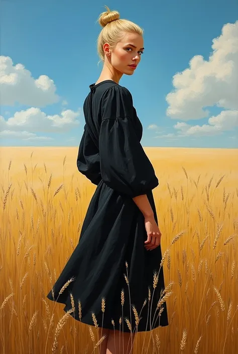 /imagine живопись, oil painting,  extra large rectangular textured oil paint strokes,  girl ,  blond hair high bun ,  stylish black knee-length dress , lantern sleeves,  stands half-sideways in the field , high rye ,  looks right at the camera , blue sky w...