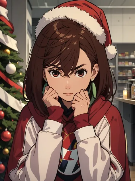 1teengirl, wearing a Christmas outfit with a red Christmas hat and jacket, near a indoor Christmas tree, Christmas winter season, brown colour short hair, Momo Ayase  s hair style, 8k, high detailed, high quality, high accuracy