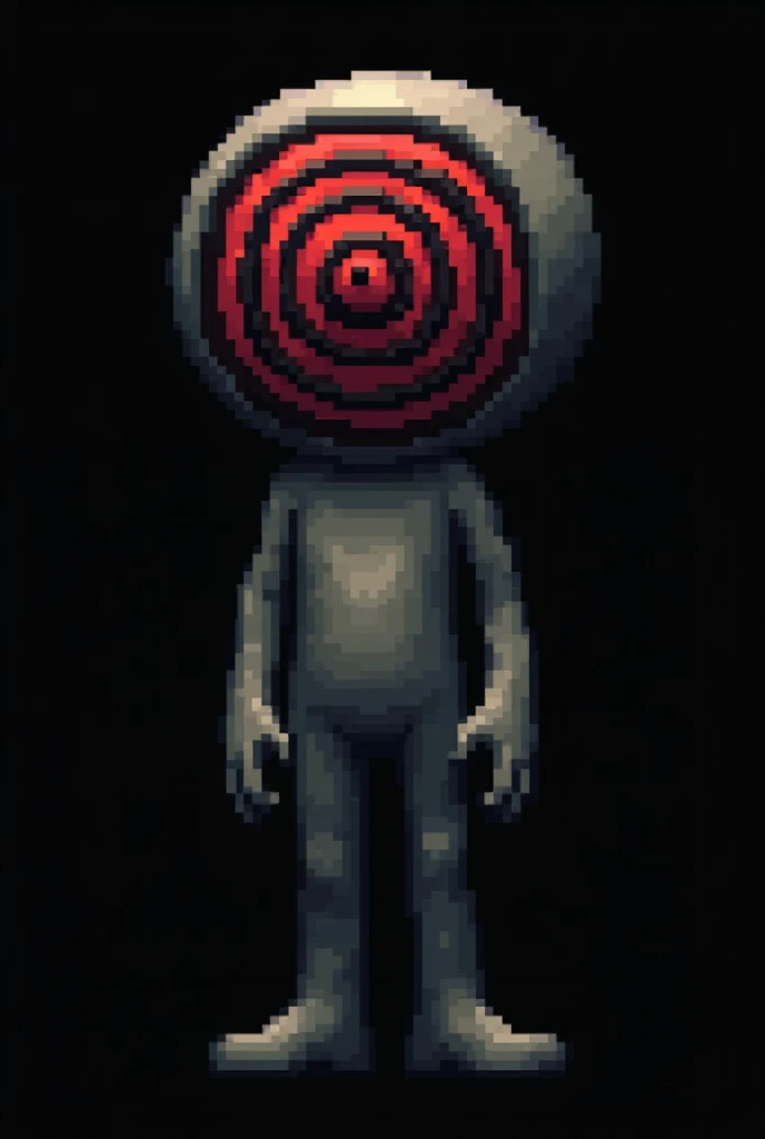 A pixel art-style figure of a humanoid figure with black and gray pixelated features. The face is replaced with a red and black spiral geometric pattern. The character is set against a neutral black background.