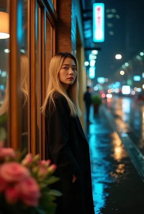 Montage film technique ，Close-Up Composition， Two different spaces seamlessly merge in the same picture 。 Angled shot of a street in the late night A charming young oriental beautiful woman , long straight blonde hairstyle standing by the window inside a c...