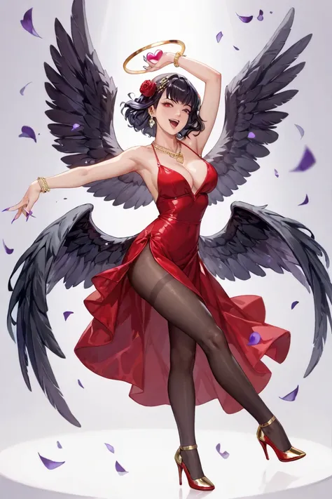  Black Hair Vertical Roll 、 red eyes、Purple and White Rose Dress 、
 Red Dress singing on behalf of Mike、 Diamond High Heels 、 gold ornaments、 Neck Heart Necklace 、
Black lace、 black tights、Black wings on the back、Fallen Angel、
 Long Nails and Purple Nails ...