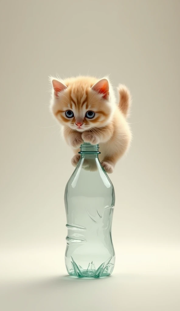 Little real kitten riding on a plastic bottle