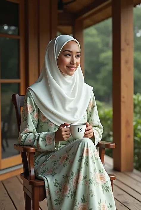  Beautiful clean white face girl wearing a long white hijab smiling , wearing a long floral print dress , wearing green leather sandals ,  is sitting on a wooden chair on the porch of the house while holding a coffee cup cup writing "TS"