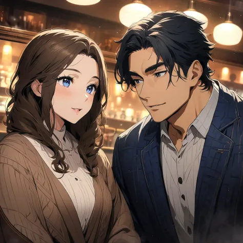 best quality.
anime style.semi-realistic.
Japanese.There is one cute 24-year-old woman and one 24-year-old cool-looking man.
woman.beautiful face,perfect face,highly detailed beautiful face and eyes,attractive face.

This image shows two men and women on a...